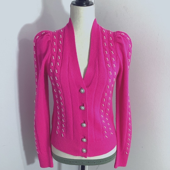 NWT CHARTER CLUB LUXURY XS CASHMERE SWEATER CARDIGAN PINK PEARLS EMBROIDERY - Picture 1 of 11